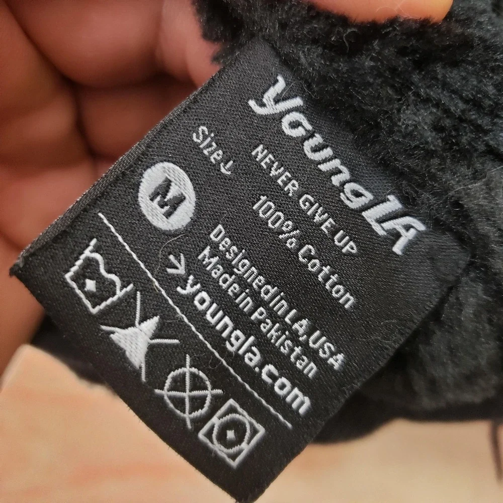 YoungLA Jacket Mens Medium Black Denim Trucker Sherpa Collar Distressed Faux Fur